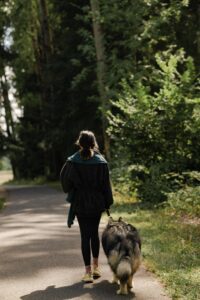 Woman walking dog on paved path